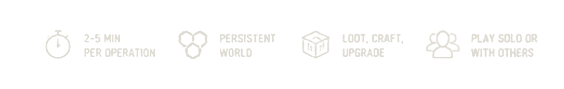 2-5 min per operation; persistent world; loot, craft, upgrade; play solo or with others